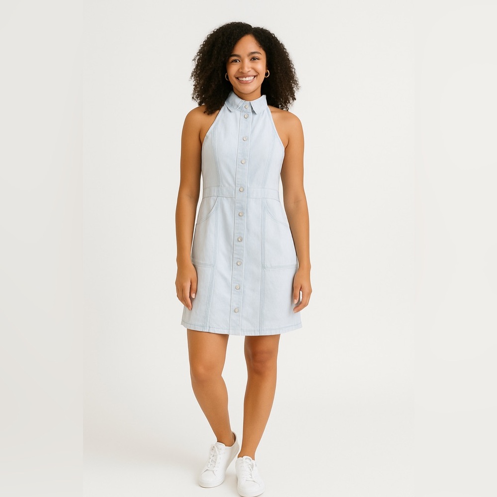 North End Light Wash Denim Halter Dress with Utility Pockets – Size Medium ARC